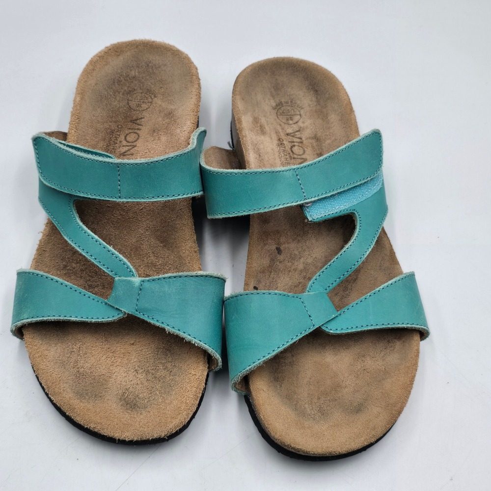 Vionic Sandals Women 7 Teal Leather Orthaheel Slide Adjustable Strap Spain Teal